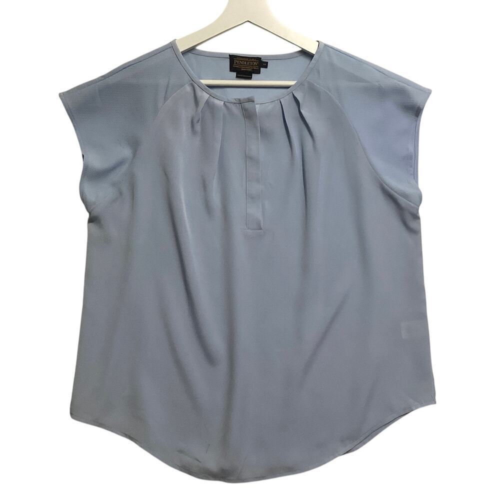 Pendleton Women's semi sheer sleeve yoke mixed media blue blouse sz 14